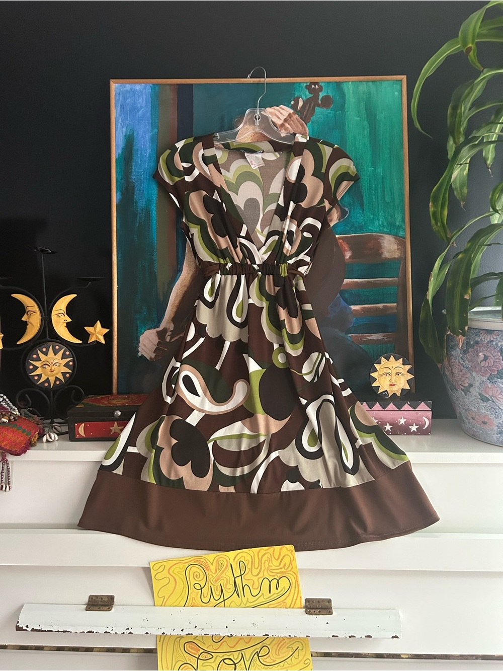 Jessica Retro Mod Geometric Wrap Dress Brown Green Size 10 Made in Canada Y2K